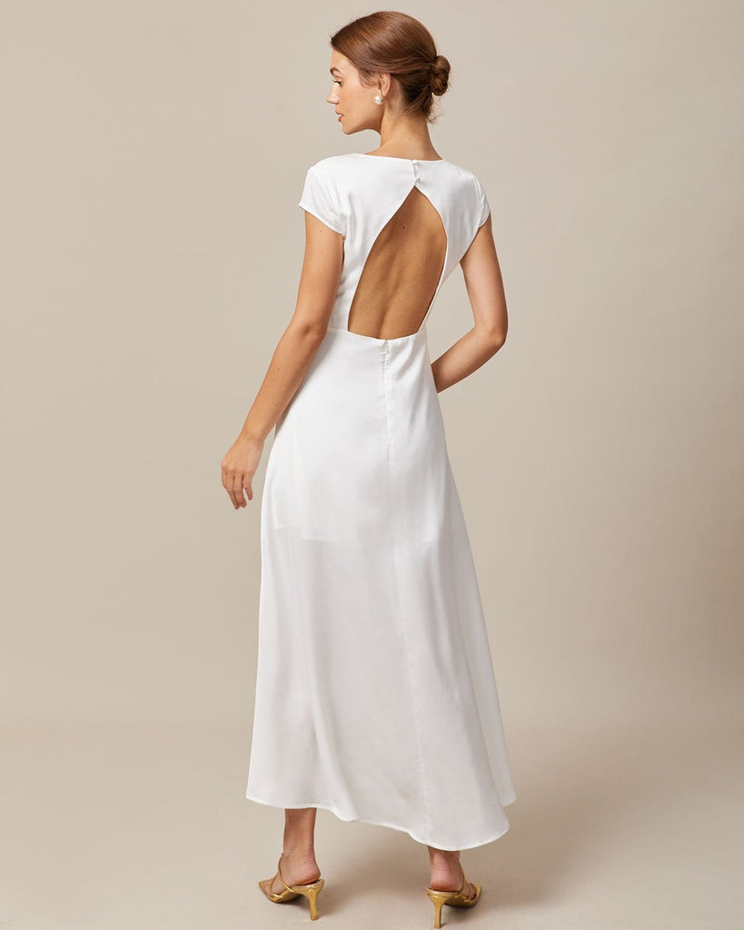 The White V-Neck Backless Satin Maxi Dress Dresses - RIHOAS