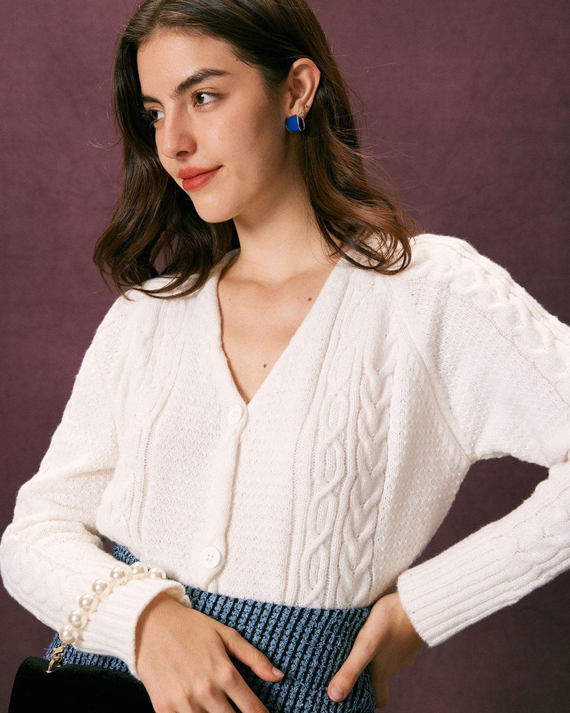 The White V-Neck Cable Ribbed Cardigan Tops - RIHOAS