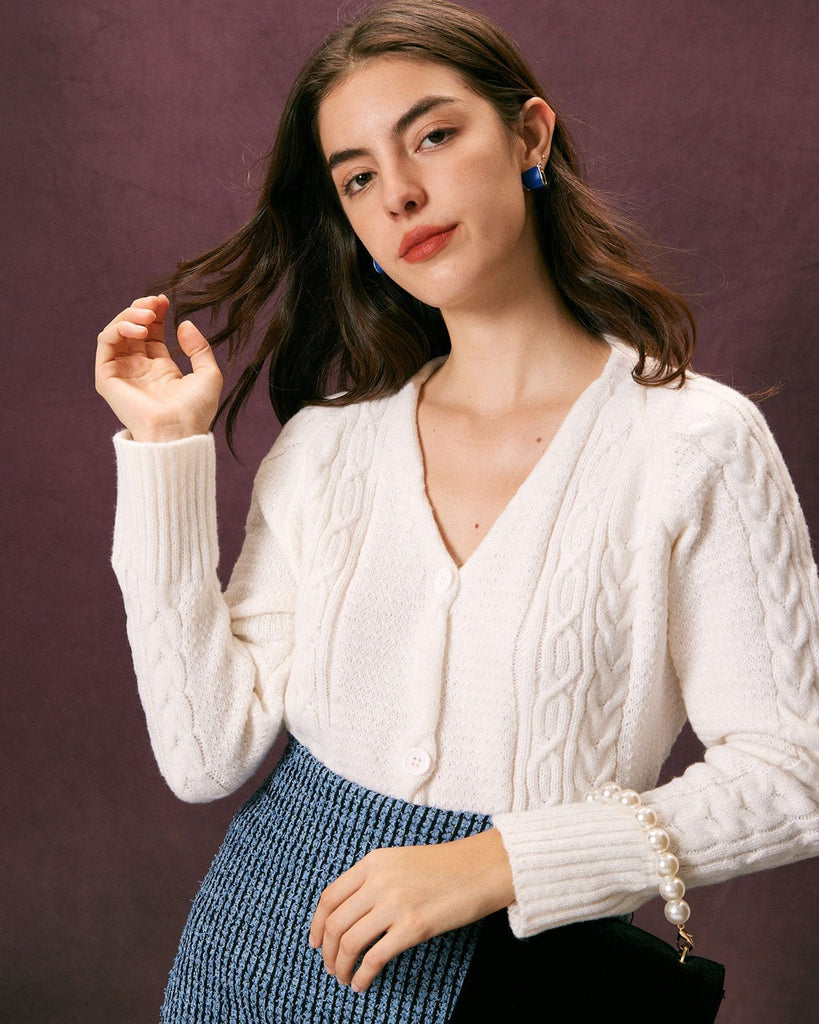 The White V-Neck Cable Ribbed Cardigan Tops - RIHOAS
