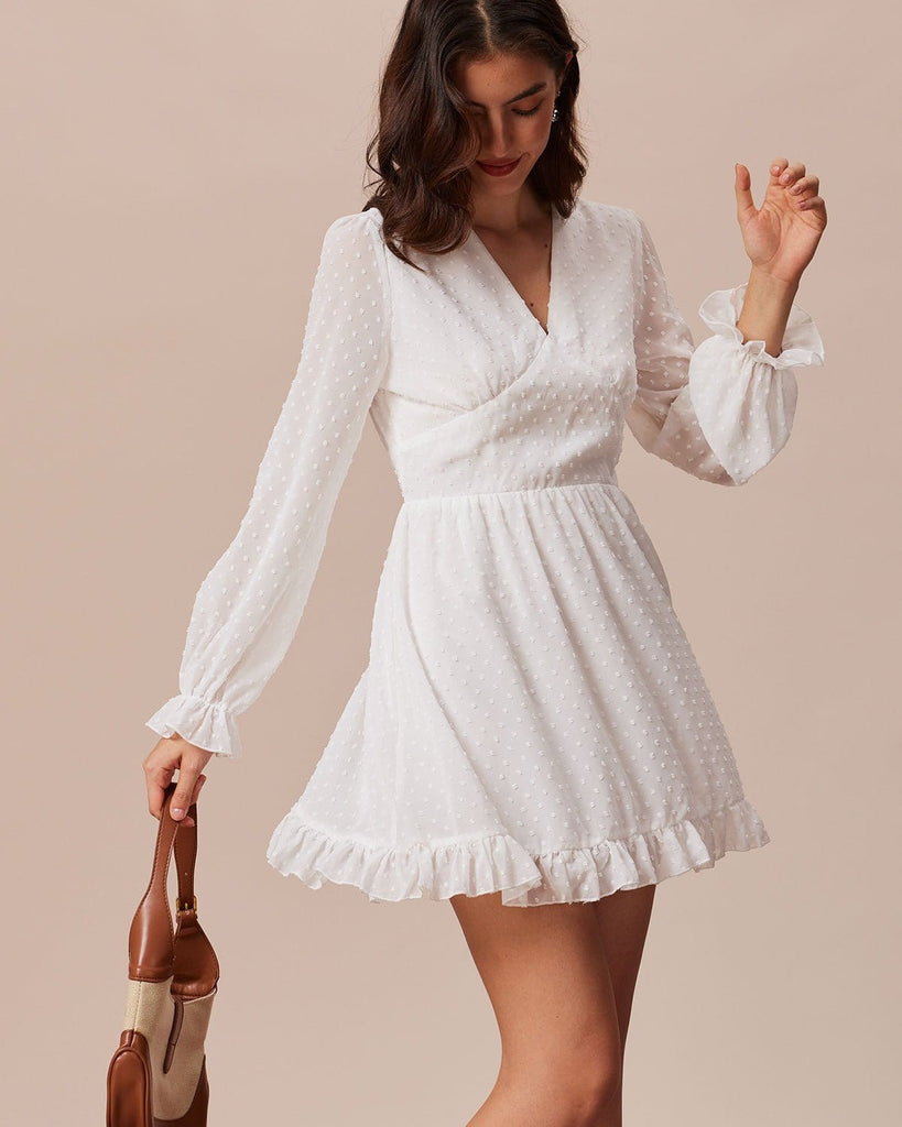 The White V-Neck Dobby Mesh Mini Dress Dresses - RIHOAS