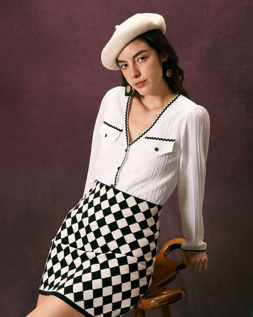 The White V Neck Contrasting Shirt Tops - RIHOAS