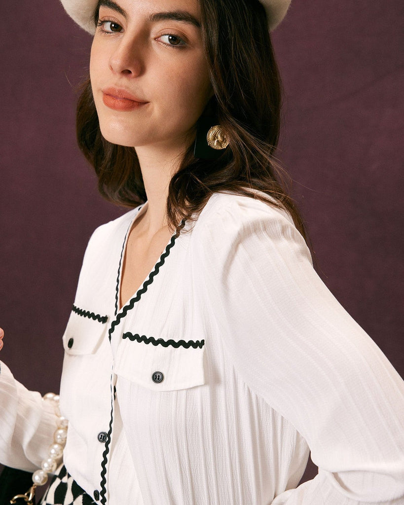 The White V Neck Contrasting Shirt Tops - RIHOAS