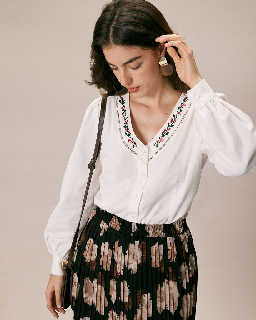 The White V Neck Embroidery Shirt Tops - RIHOAS