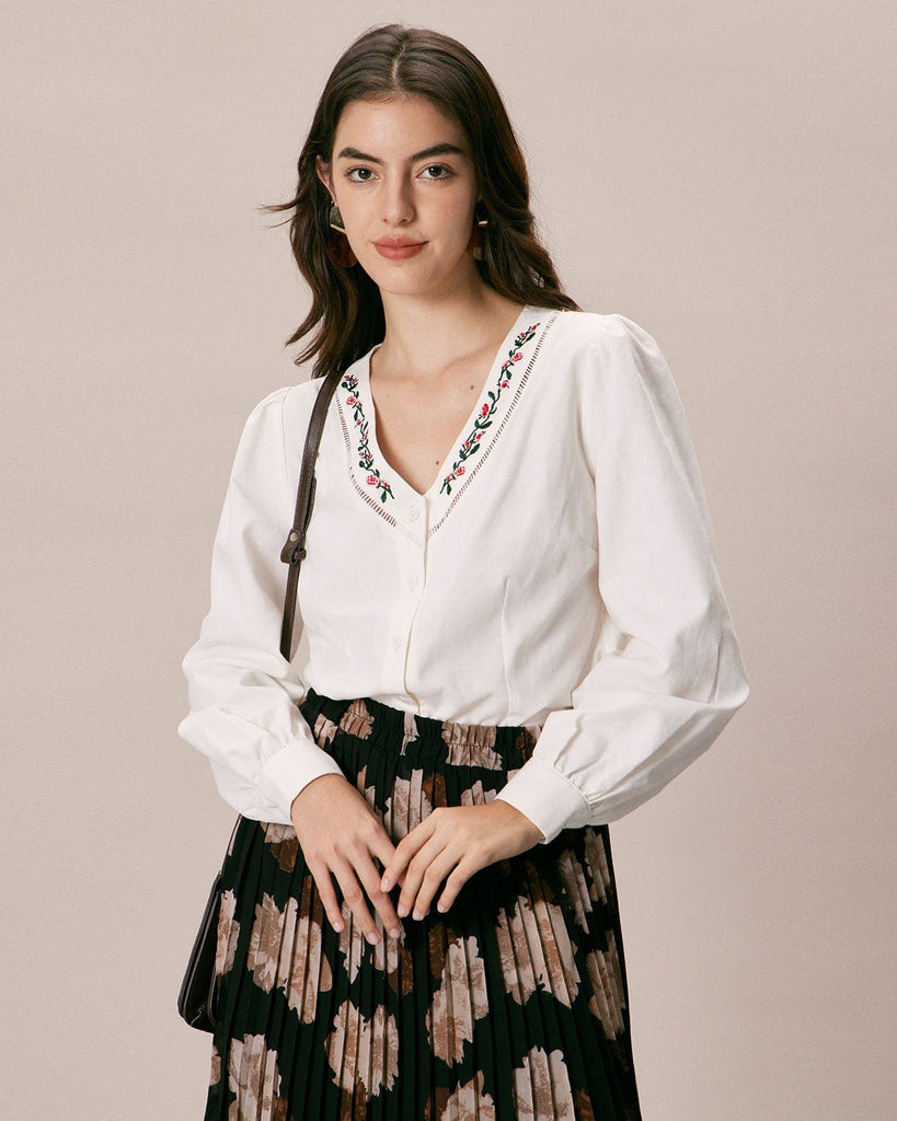 The White V Neck Embroidery Shirt White Tops - RIHOAS