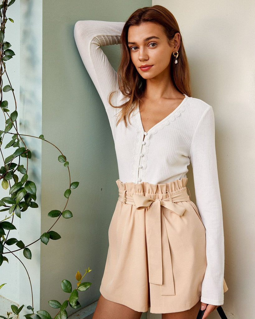 The White V Neck Lace Trim Knit Tee Tops - RIHOAS