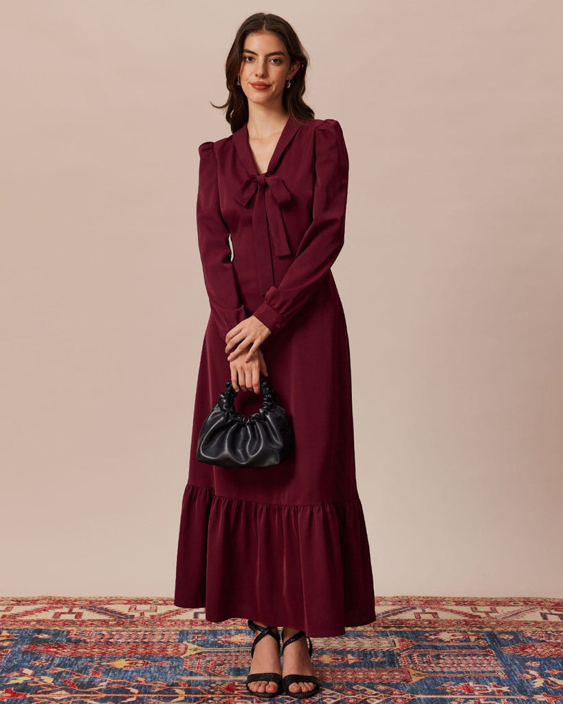 The Wine Red Solid Tie Maxi Dress Wine Red Dresses - RIHOAS
