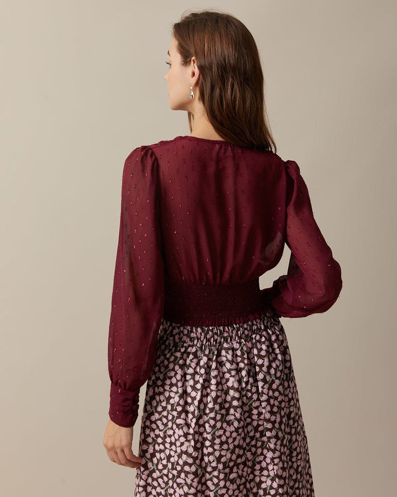 The Wine Red V-neck Shirred Blouse Tops - RIHOAS