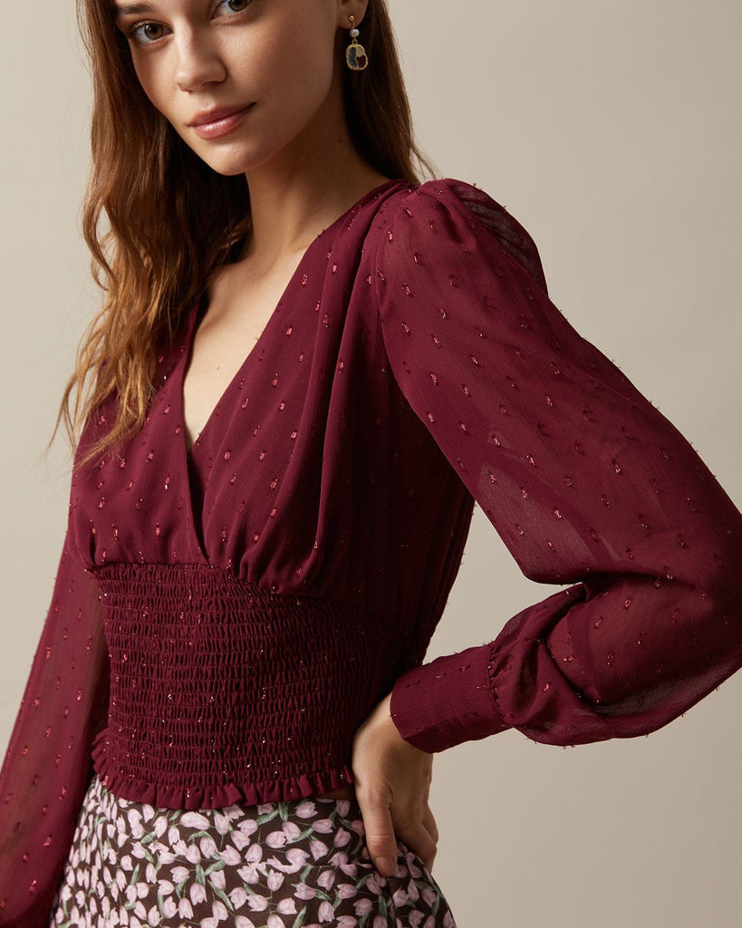 The Wine Red V-neck Shirred Blouse Tops - RIHOAS