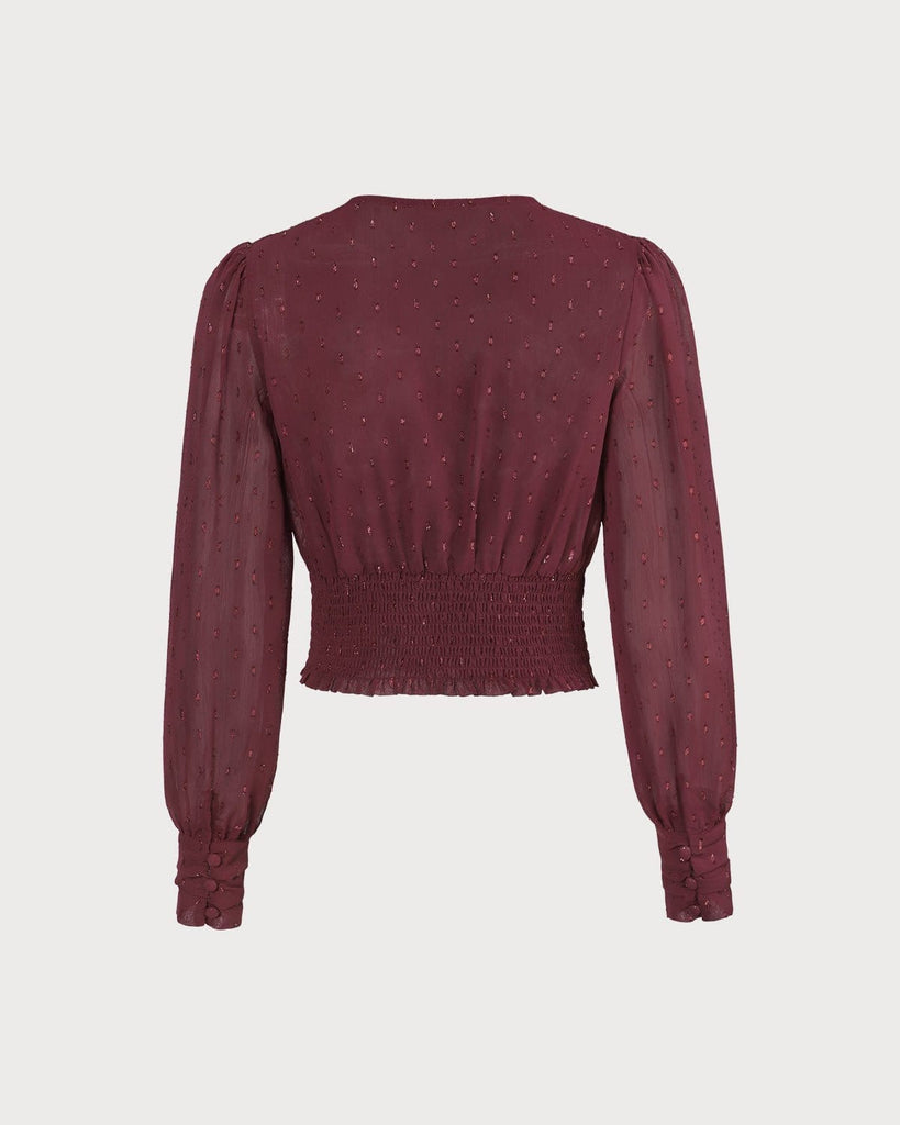 The Wine Red V-neck Shirred Blouse Tops - RIHOAS
