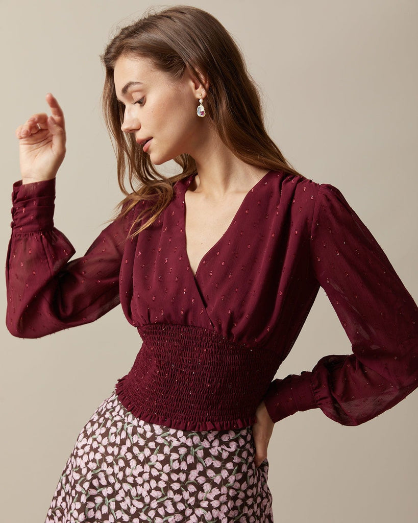 The Wine Red V-neck Shirred Blouse Tops - RIHOAS