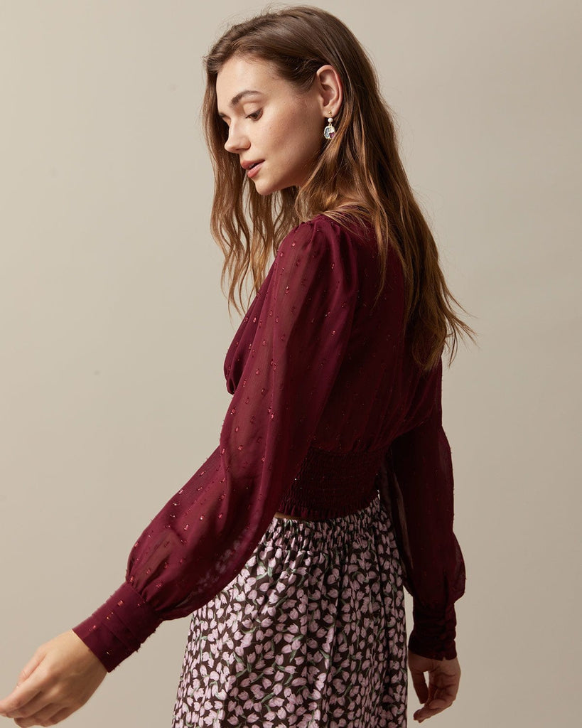 The Wine Red V-neck Shirred Blouse Tops - RIHOAS
