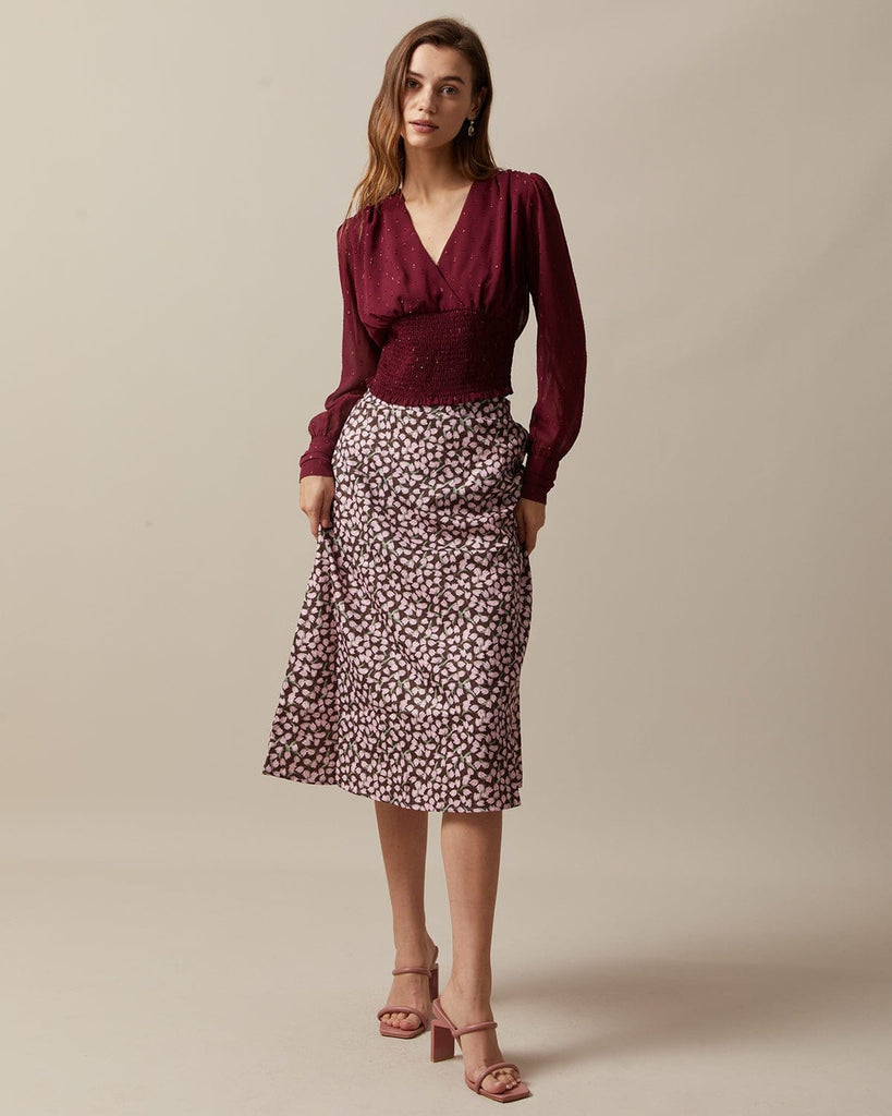 The Wine Red V-neck Shirred Blouse Tops - RIHOAS