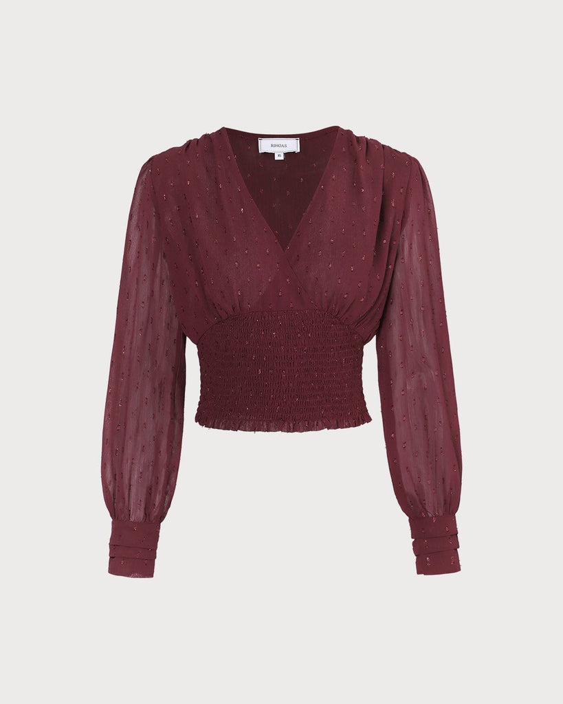 The Wine Red V-neck Shirred Blouse Wine Red Tops - RIHOAS