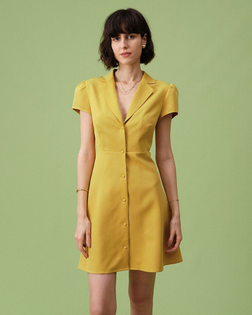 The Yellow Collared A-line Mini Dress Yellow Dresses - RIHOAS