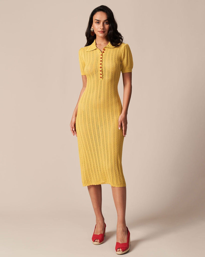 The Yellow Collared Pointelle Knit Midi Dress Dresses - RIHOAS