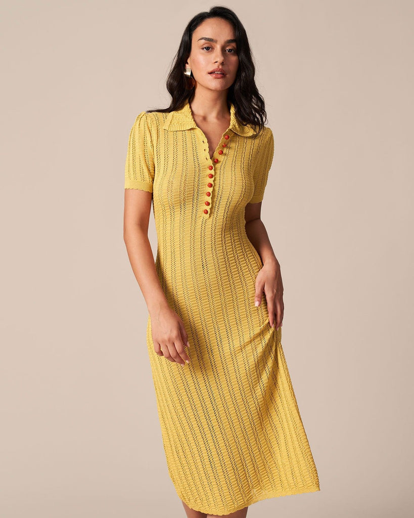 The Yellow Collared Pointelle Knit Midi Dress Dresses - RIHOAS