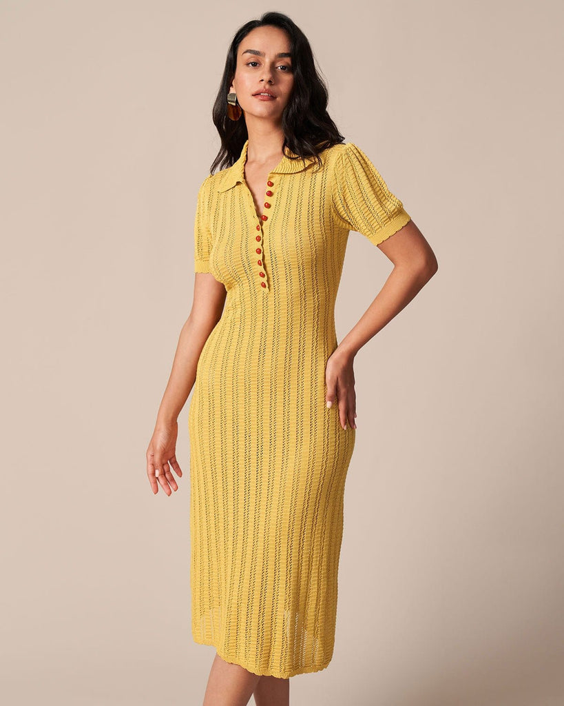 The Yellow Collared Pointelle Knit Midi Dress Yellow Dresses - RIHOAS
