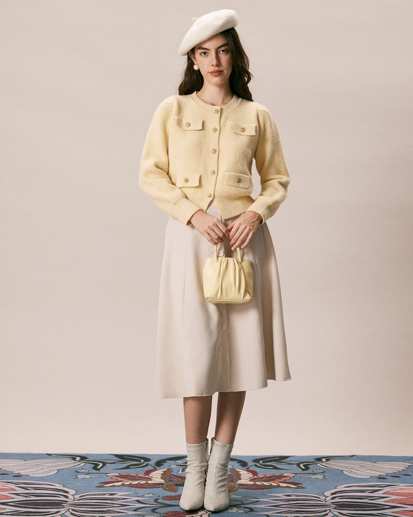 The Yellow Round Neck Knit Cardigan Tops - RIHOAS