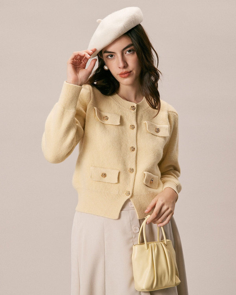The Yellow Round Neck Knit Cardigan Tops - RIHOAS