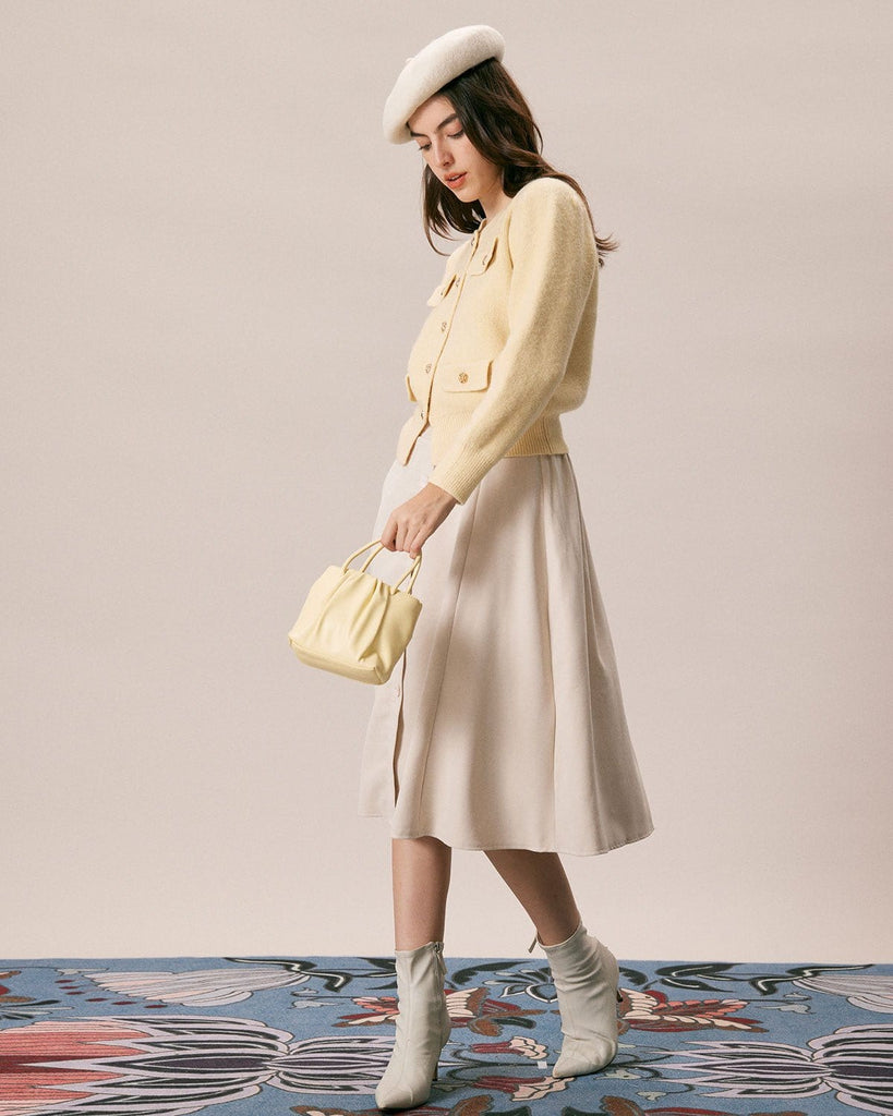 The Yellow Round Neck Knit Cardigan Tops - RIHOAS