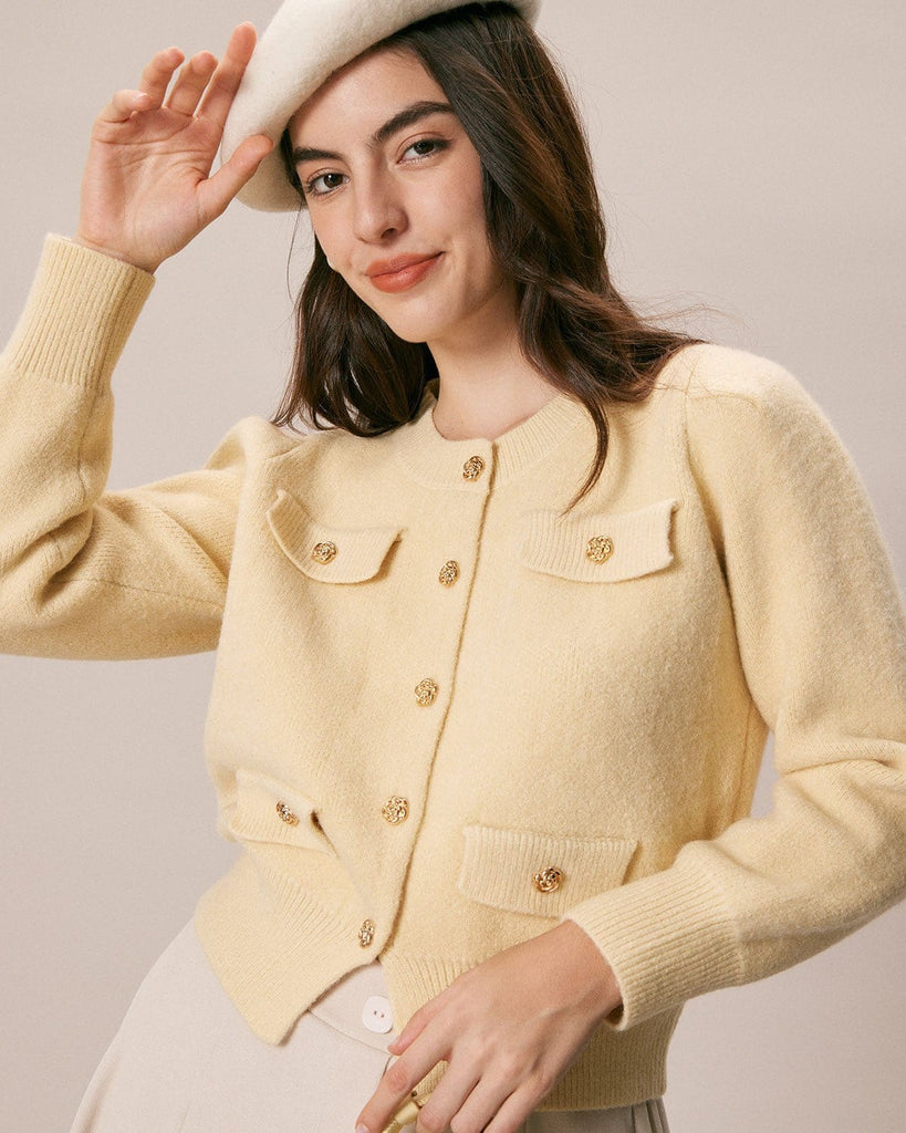 The Yellow Round Neck Knit Cardigan Tops - RIHOAS