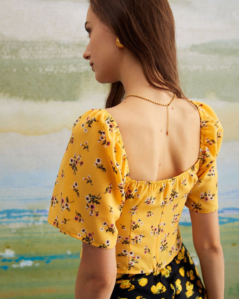 The Yellow Sweetheart Neck Floral Blouse Tops - RIHOAS