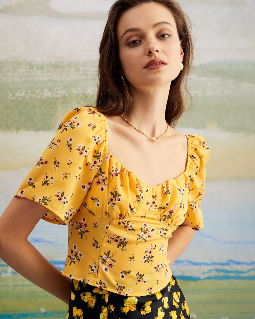 The Yellow Sweetheart Neck Floral Blouse Yellow Tops - RIHOAS