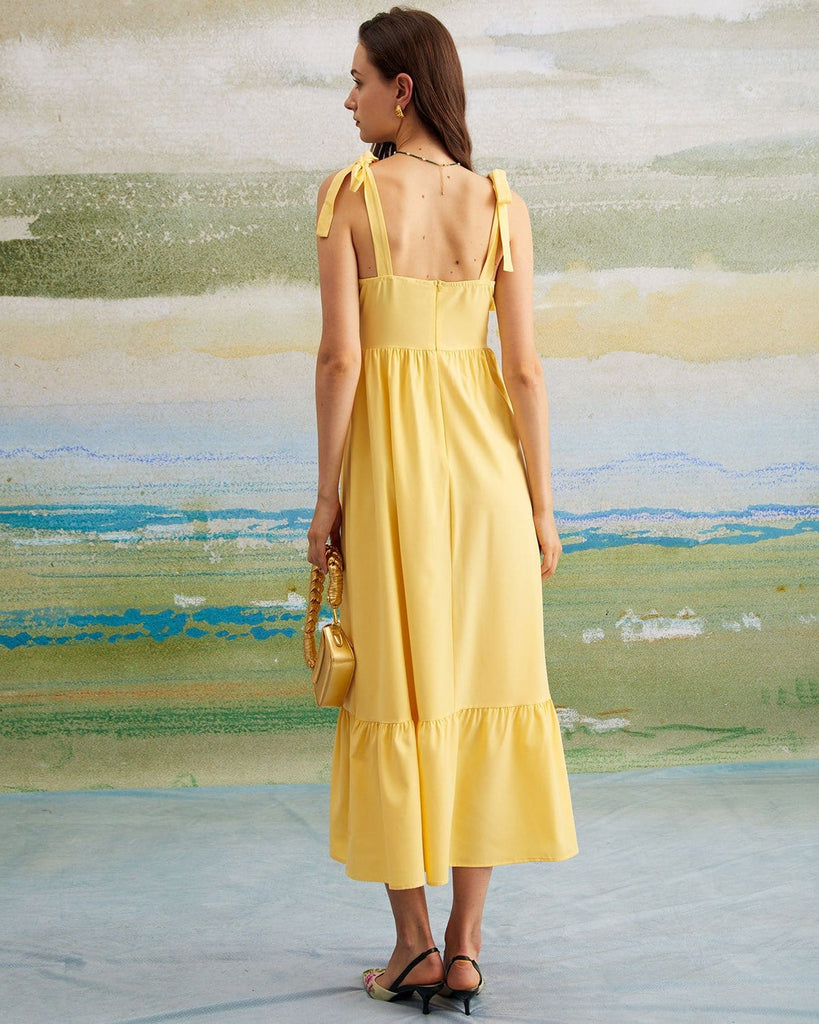 The Yellow Tie Shoulder Ruched Maxi Dress Dresses - RIHOAS