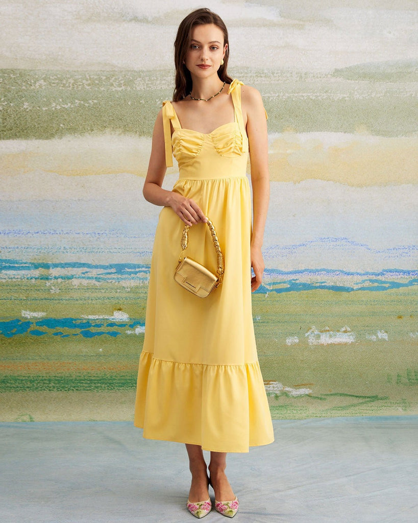 The Yellow Tie Shoulder Ruched Maxi Dress Dresses - RIHOAS