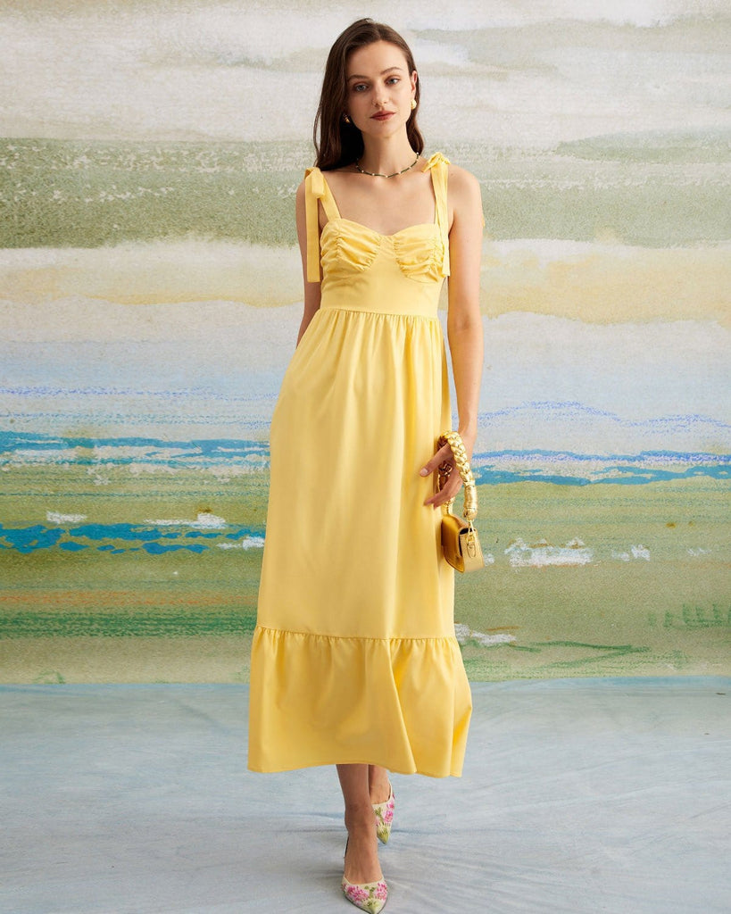 The Yellow Tie Shoulder Ruched Maxi Dress Dresses - RIHOAS