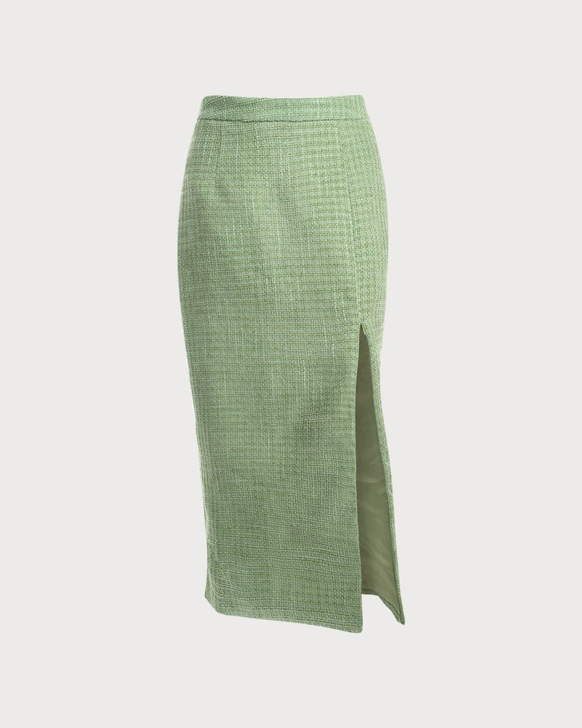 The Zipper Back Plaid Tweed Skirt Green Bottoms - RIHOAS