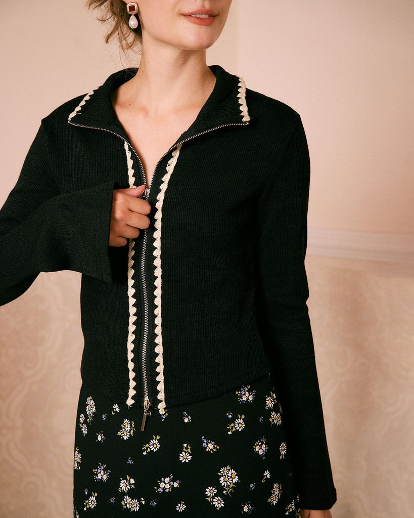 黑色撞色扇形开衫 Tops - RIHOAS